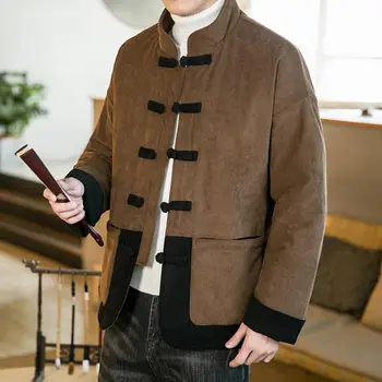 Китайская куртка Tang, Хлопковая одежда, Мужской зимний Вельветовый воротник, ретро Пластинчатая Пряжка, Утолщенное пальто, Пальто большого размера