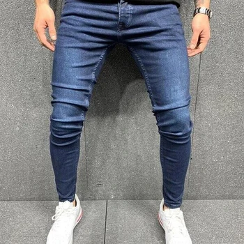 Мужские обтягивающие однотонные джинсы, Весенне-осенние Узкие Стрейчевые Синие Джинсовые брюки-карандаш, Уличные джинсы в стиле хип-хоп 2023, Модные джинсовые