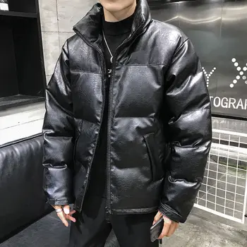 Зимняя модная утепленная мужская куртка в корейском стиле Свободного кроя и больших размеров, черный воротник-стойка, кожаная стеганая ткань, хлопок