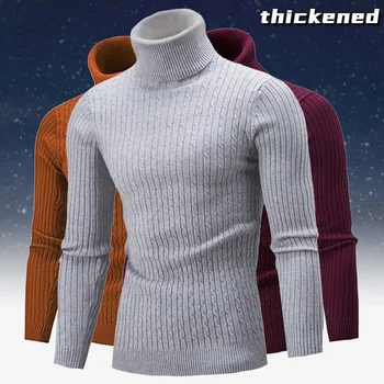 Осенне-зимний Новый Мужской свитер с высоким воротом, однотонный повседневный вязаный свитер, Теплый мужской пуловер