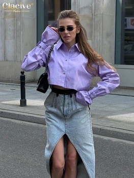 Модные свободные фиолетовые женские рубашки, Элегантная укороченная рубашка с лацканами и длинным рукавом, блузка, повседневные тонкие классические топы, женская уличная одежда