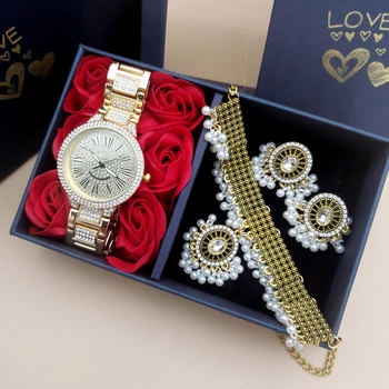 Модные Золотые женские часы, Роскошные Элегантные кварцевые часы с бриллиантами, Роскошные винтажные женские ювелирные изделия, ожерелье, серьги, наборы с коробкой
